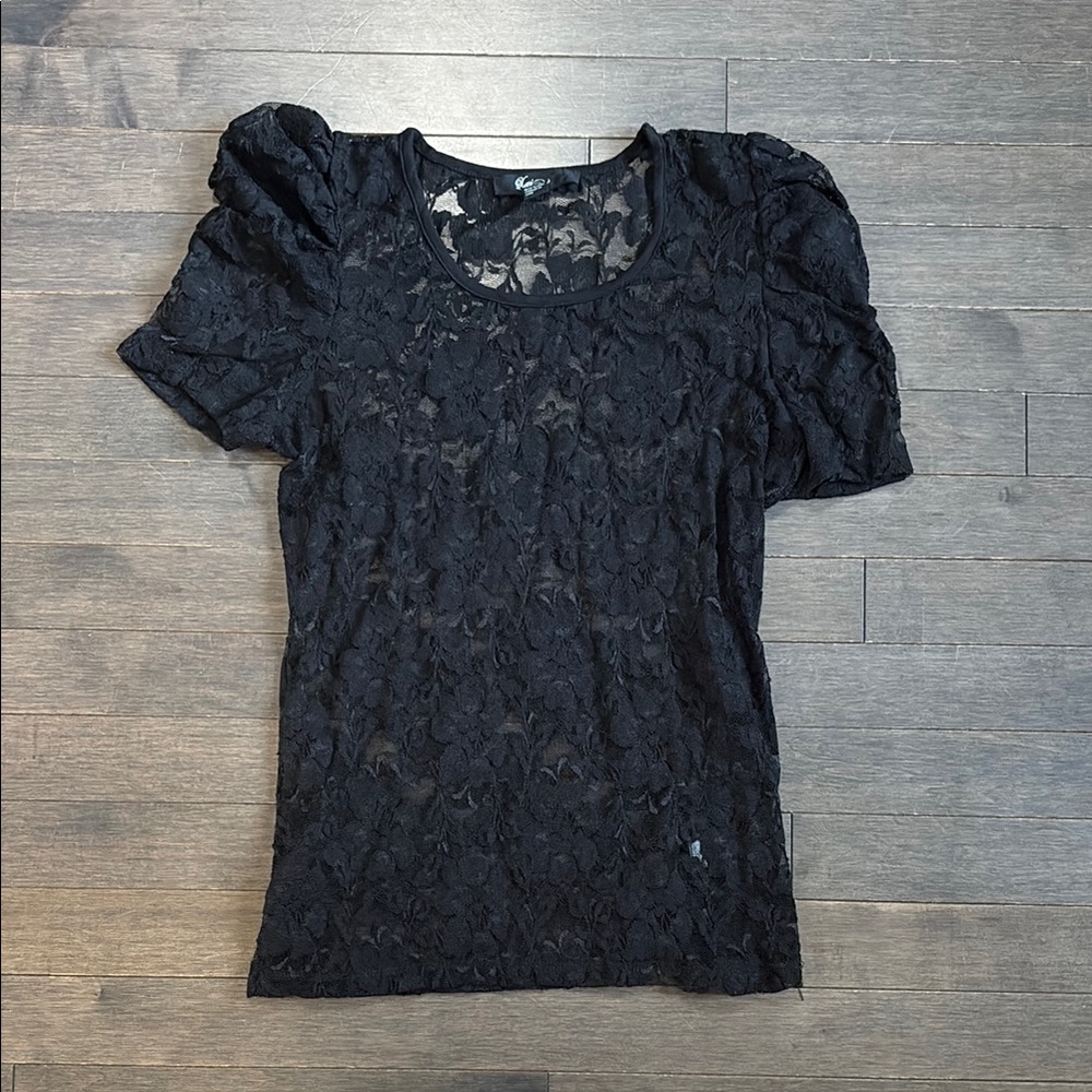 Xai2 Forever21 Black Sheer Lace Puff Sleeve Top Women’s S